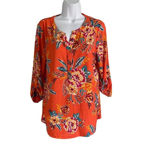 Emily Daniels Orange Floral Print 3/4 Sleeves Top Women's Medium - Picture 2 of 10